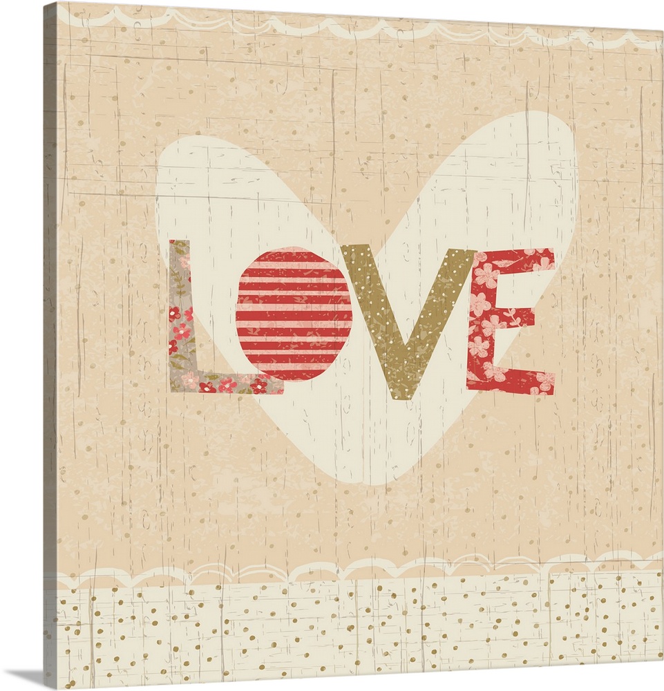 Collage style romantic artwork with a floral print border reading "Love."