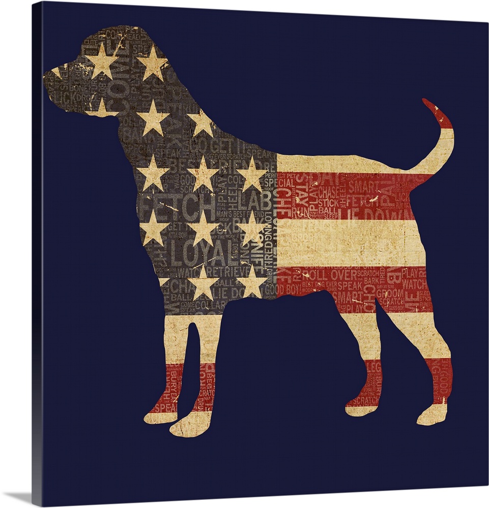 A digital illustration of a dog with an american flag theme.