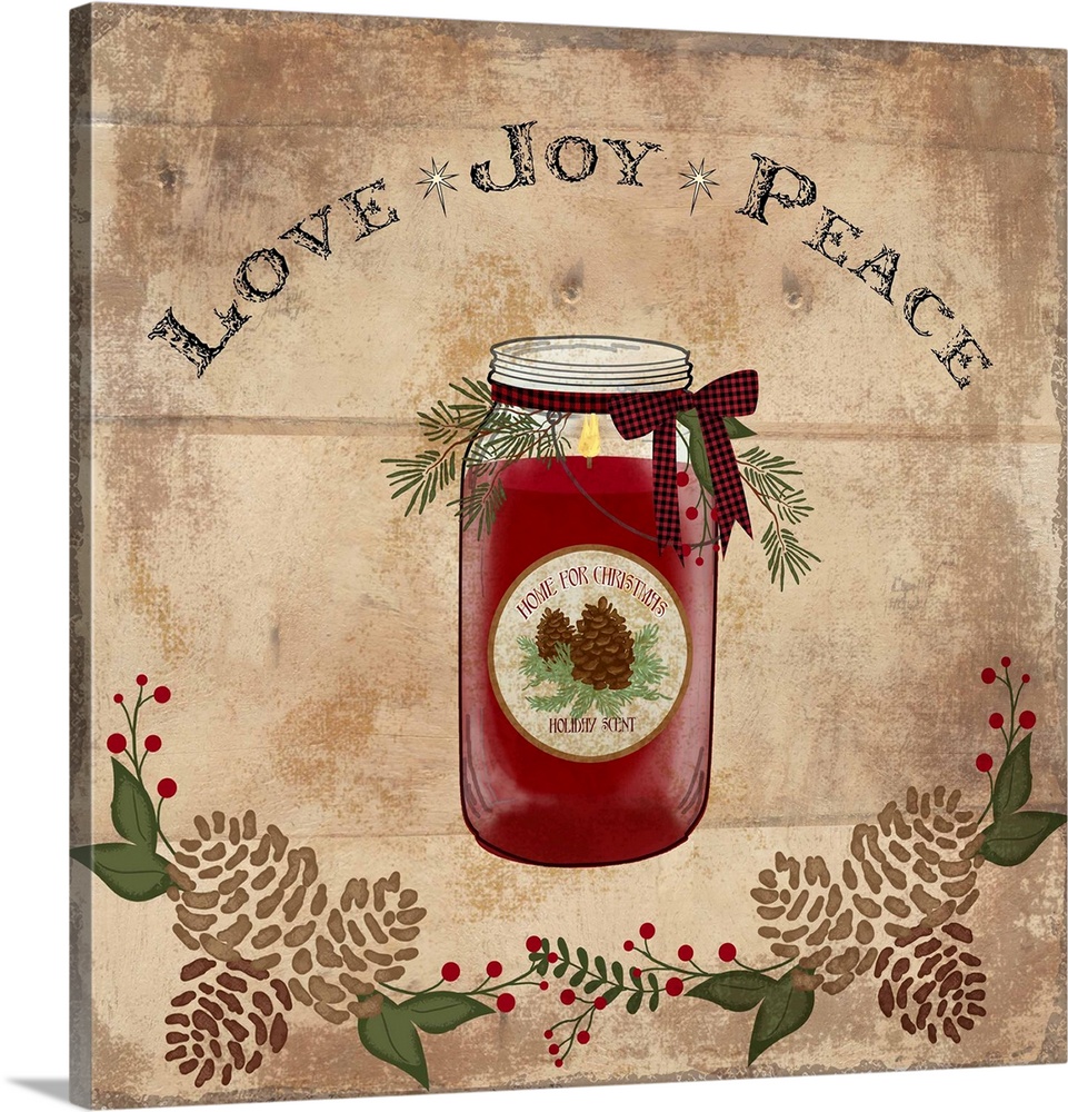 Christmas decor of a mason jar with the words "Love, Joy, Peace" above.