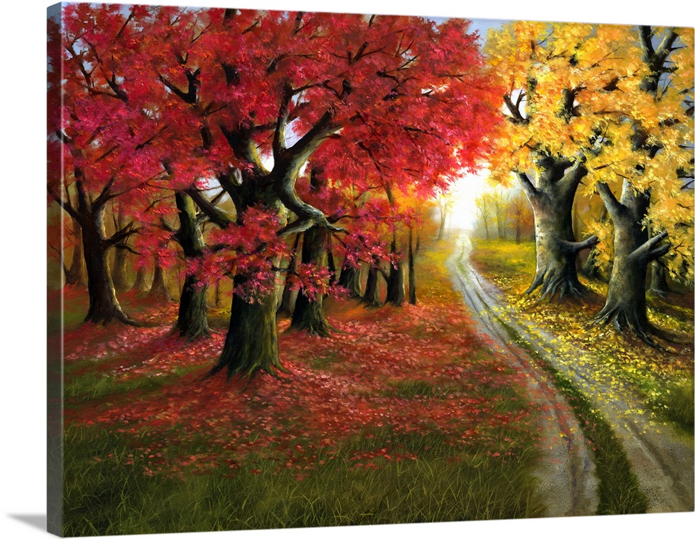 Contemporary artwork of an autumn foliage landscape.