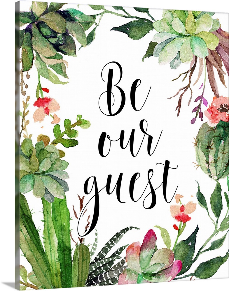 A beautiful watercolor painted wreath with the phrase "Be Our Guest" written in the middle in black.