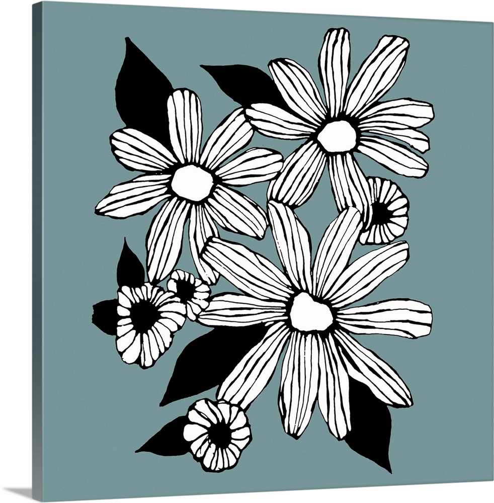 Contemporary artwork of white flowers in a bold black outline against a muted blue background.