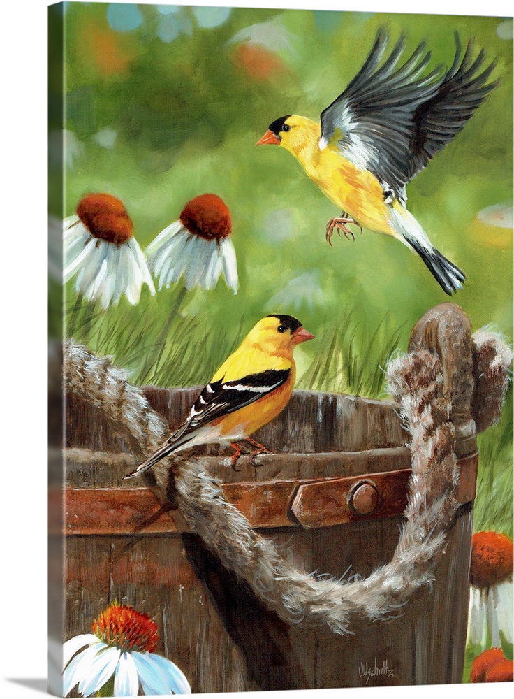 Two goldfinches near a wooden bucket with a rope handle.
