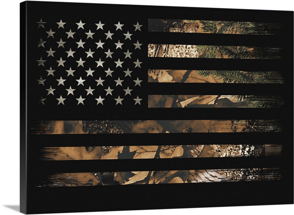 An American flag with stars and stripes in leaf camouflage.