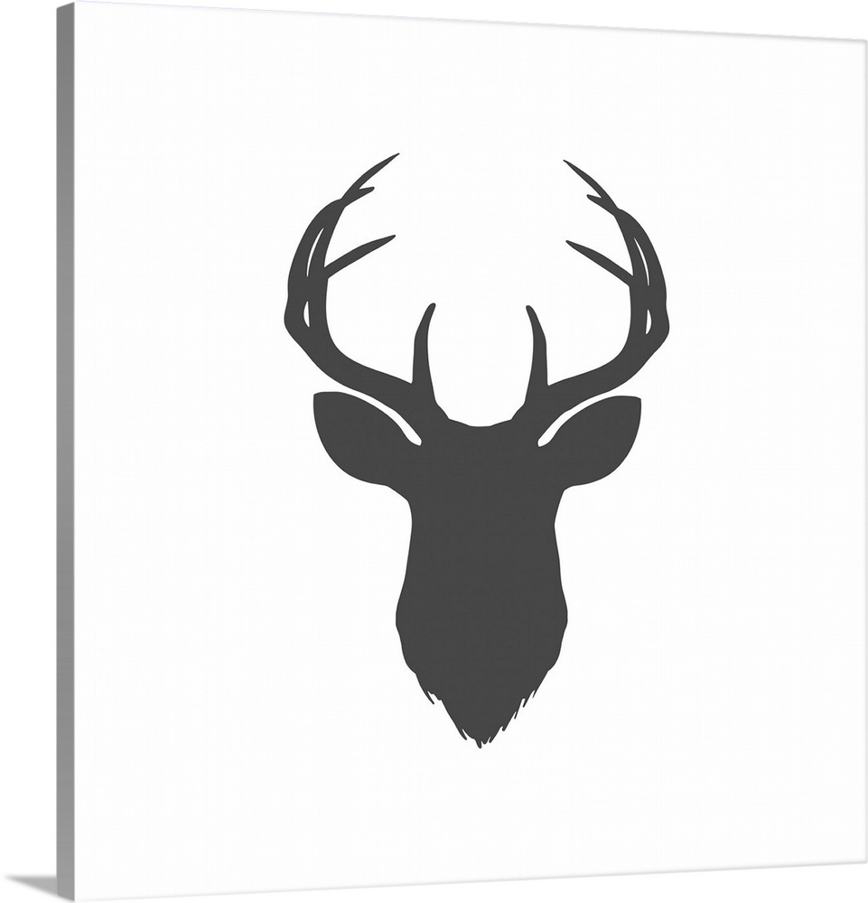 A dark gray silhouette of a deer head and antlers against a white background.