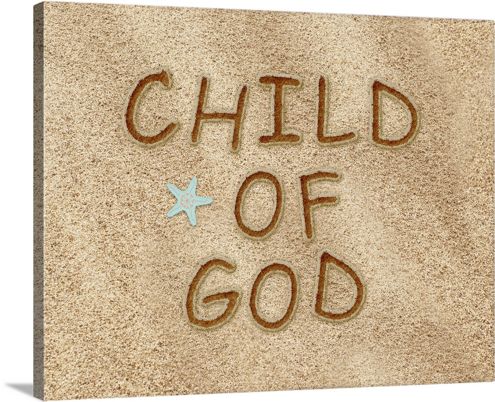 "Child of God" is drawn in the sand in this digital artwork.