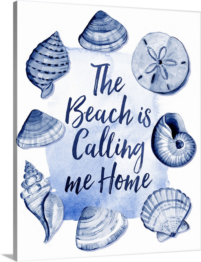 "The Beach Is Calling Me home"  surrounded by blue shells.