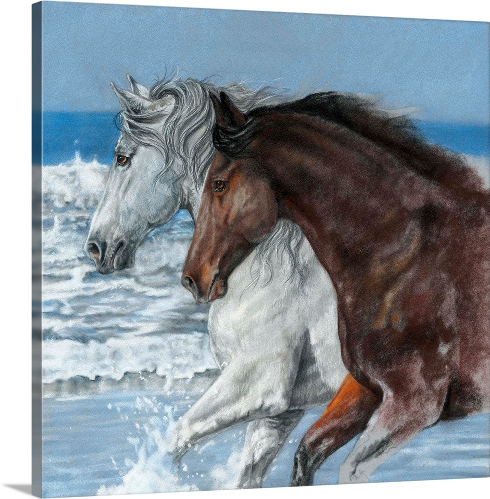 Artwork of a white and a brown horse galloping through ocean water on a beach.