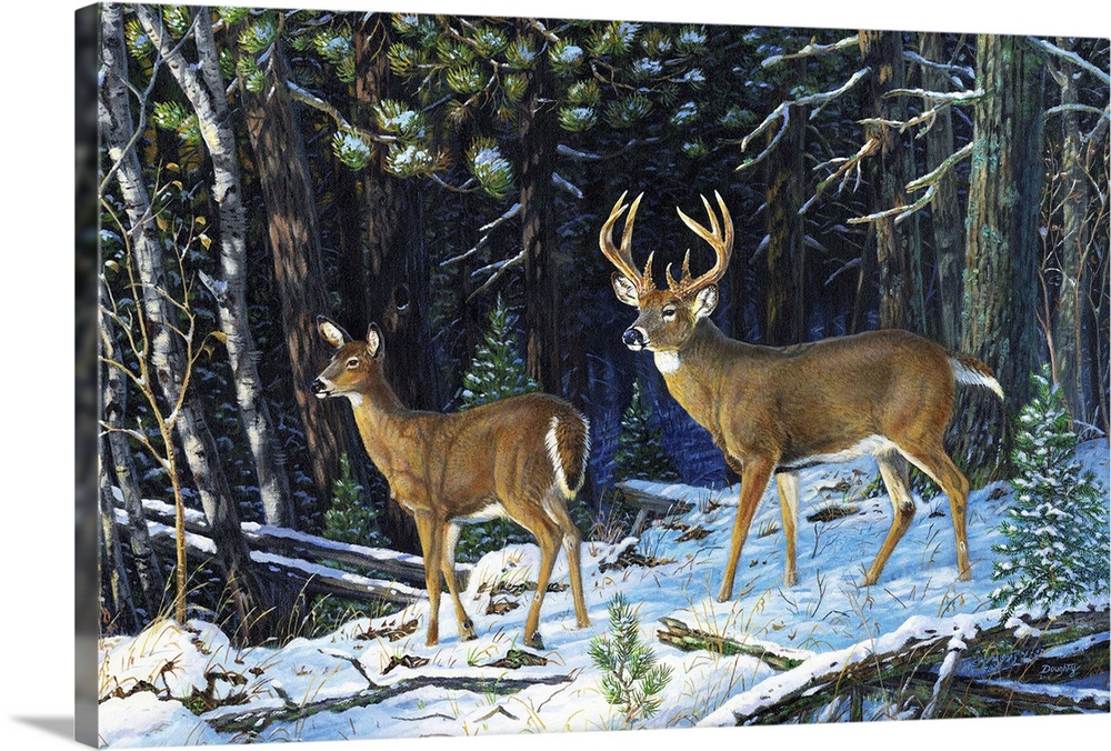 Contemporary artwork of a pair of deer standing in the snow at the edge of a forest.