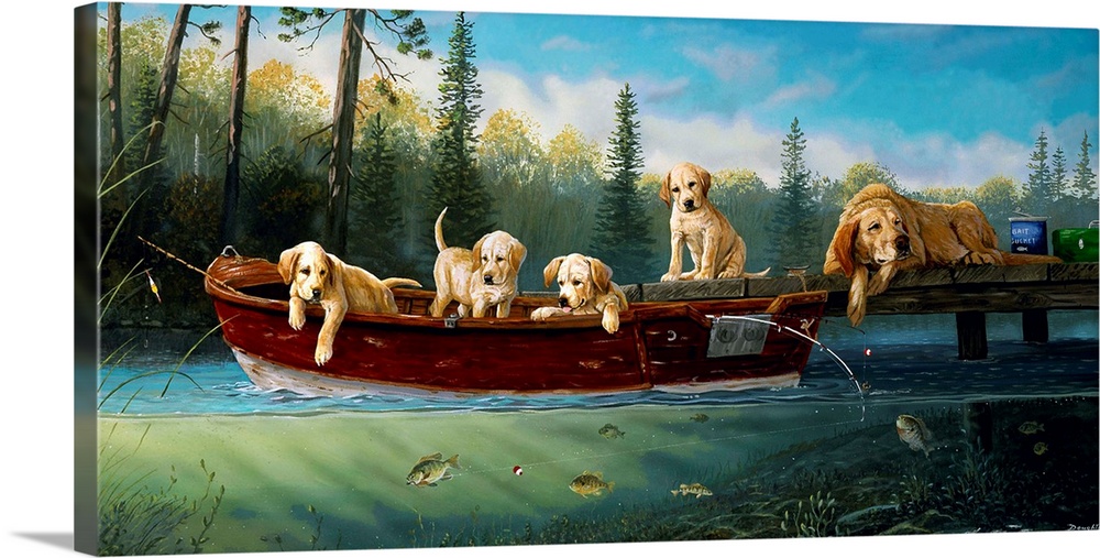 Horizontal artwork on a big wall hanging of a mother dog lying at the edge of a dock, one of her puppies sits next to her,...