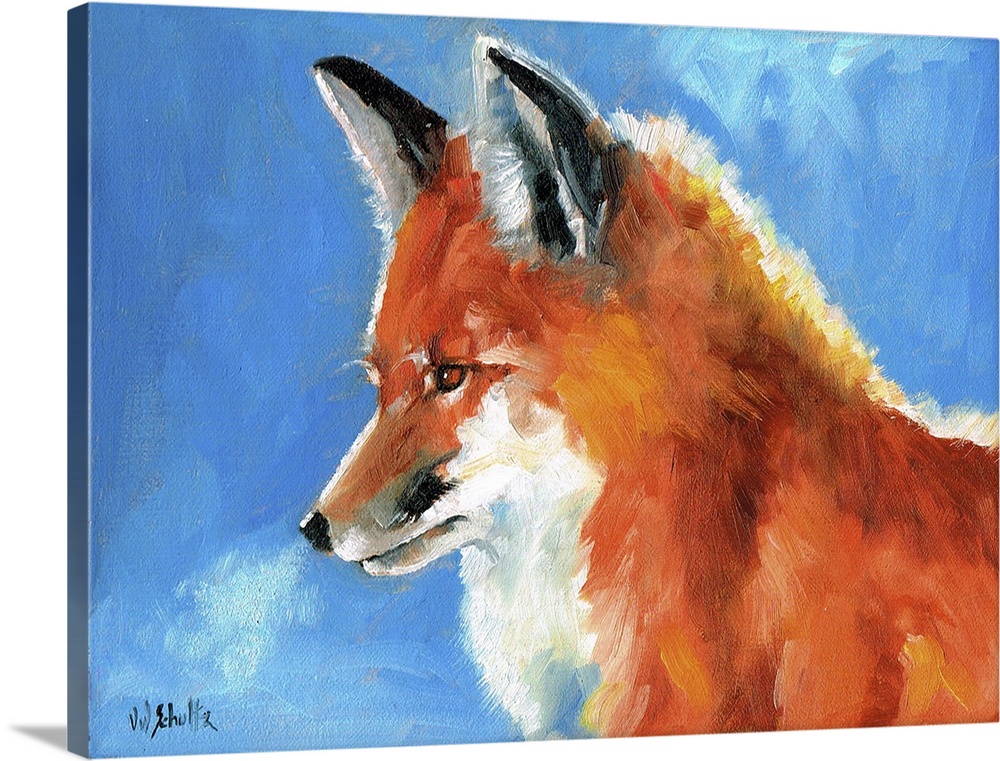 Contemporary painting of a red fox in the winter.