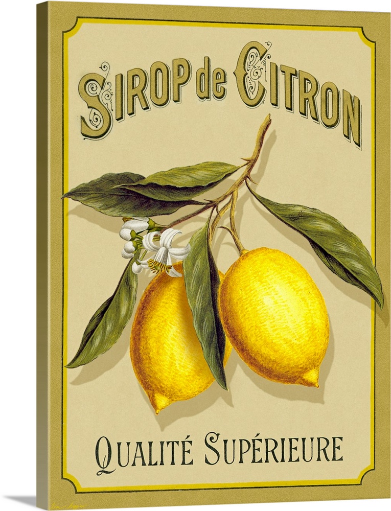 Large print of an a French advertisement with two lemons on a branch.