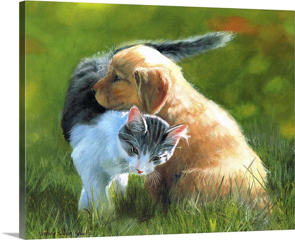 A puppy and a kitten cuddling together on a green lawn.
