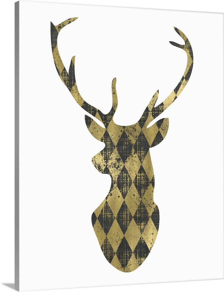 Outline of a male deer's head in a gold diamond pattern against a white background.