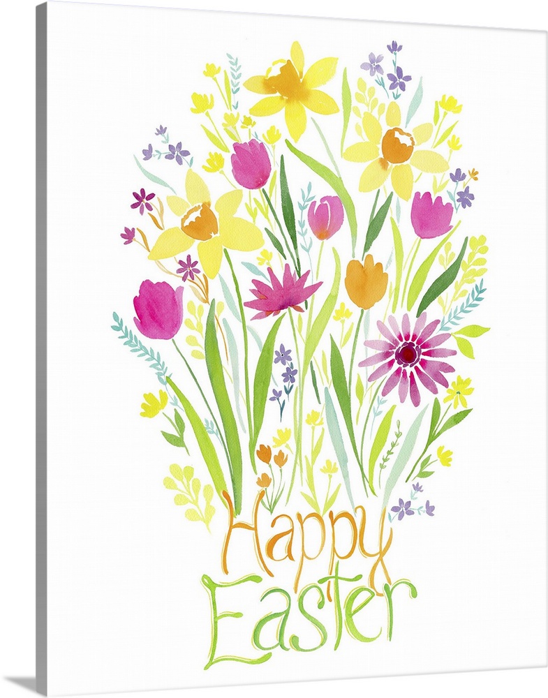 Watercolor illustration of bright springtime flowers to celebrate Easter.
