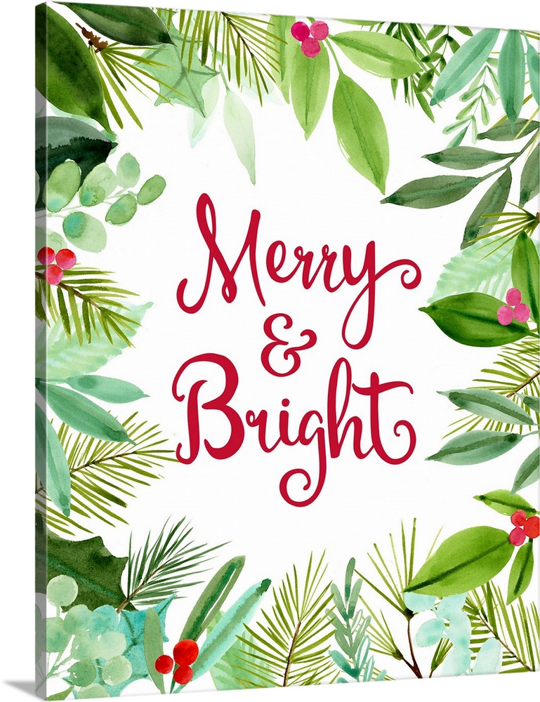 "Merry & Bright" in red surrounded by holly and leaves.