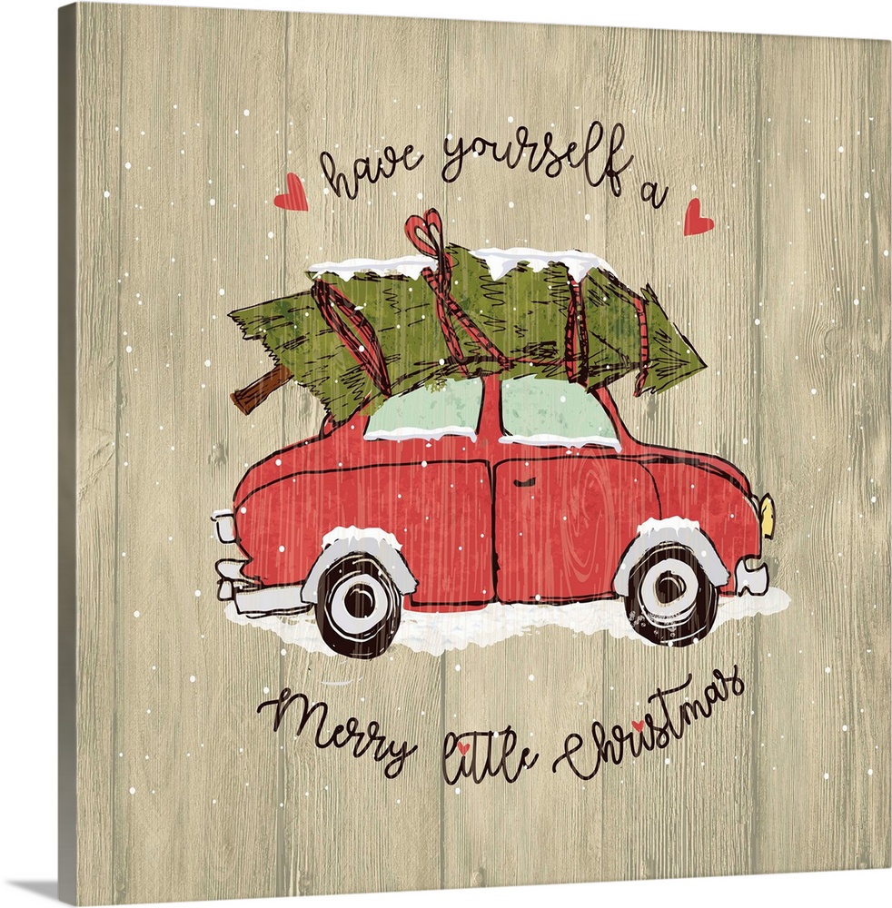 Christmas decor of a car carrying a Christmas tree on a wooden background.