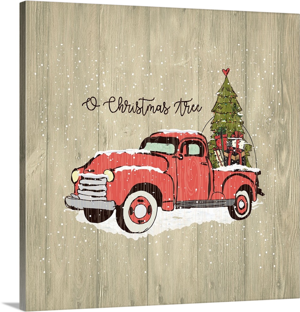 Christmas decor of a vintage red truck carrying a Christmas tree and presents.