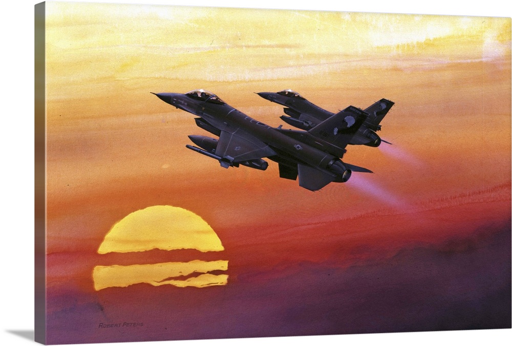 Contemporary artwork featuring F-16 Fighting Falcons flying upwards against a bold, warm sunset.