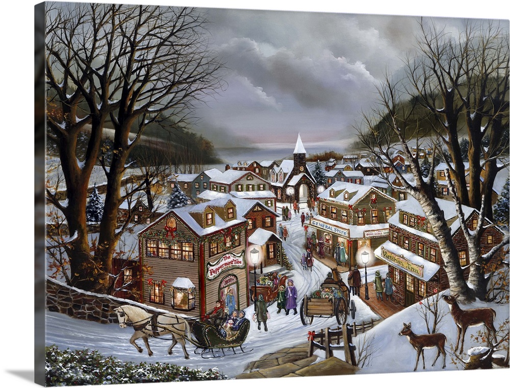 Contemporary painting of a quaint village covered in snow at Christmastime.