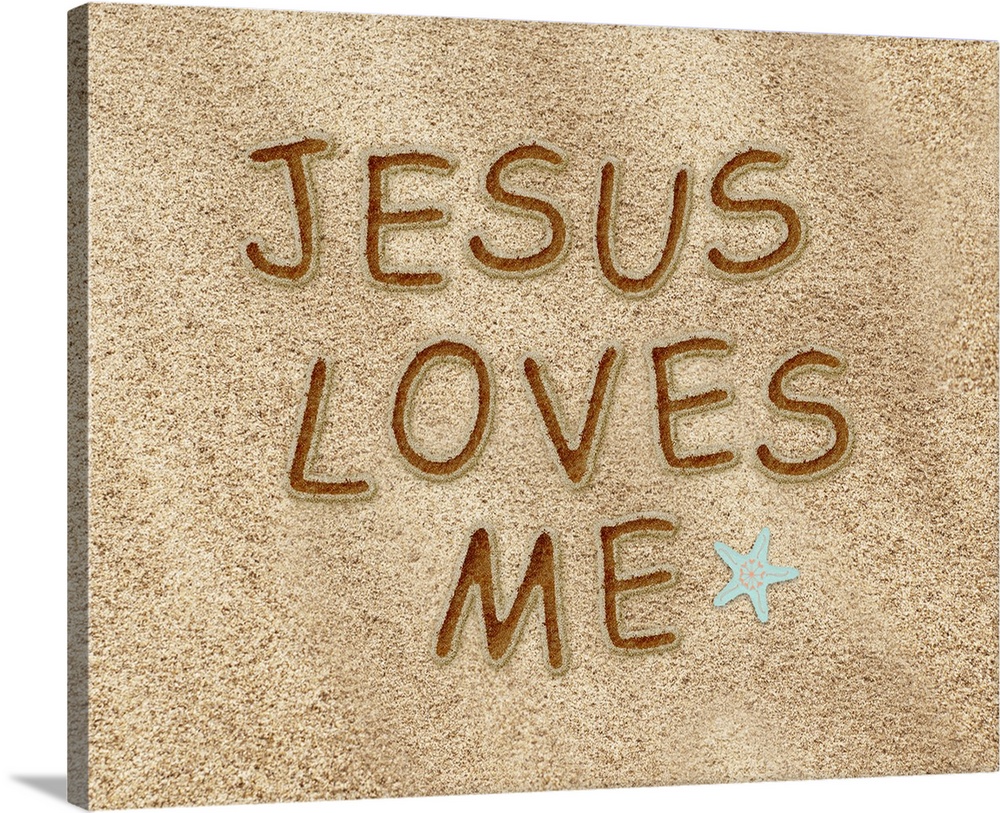 "Jesus loves me" is drawn in the sand in this digital artwork.