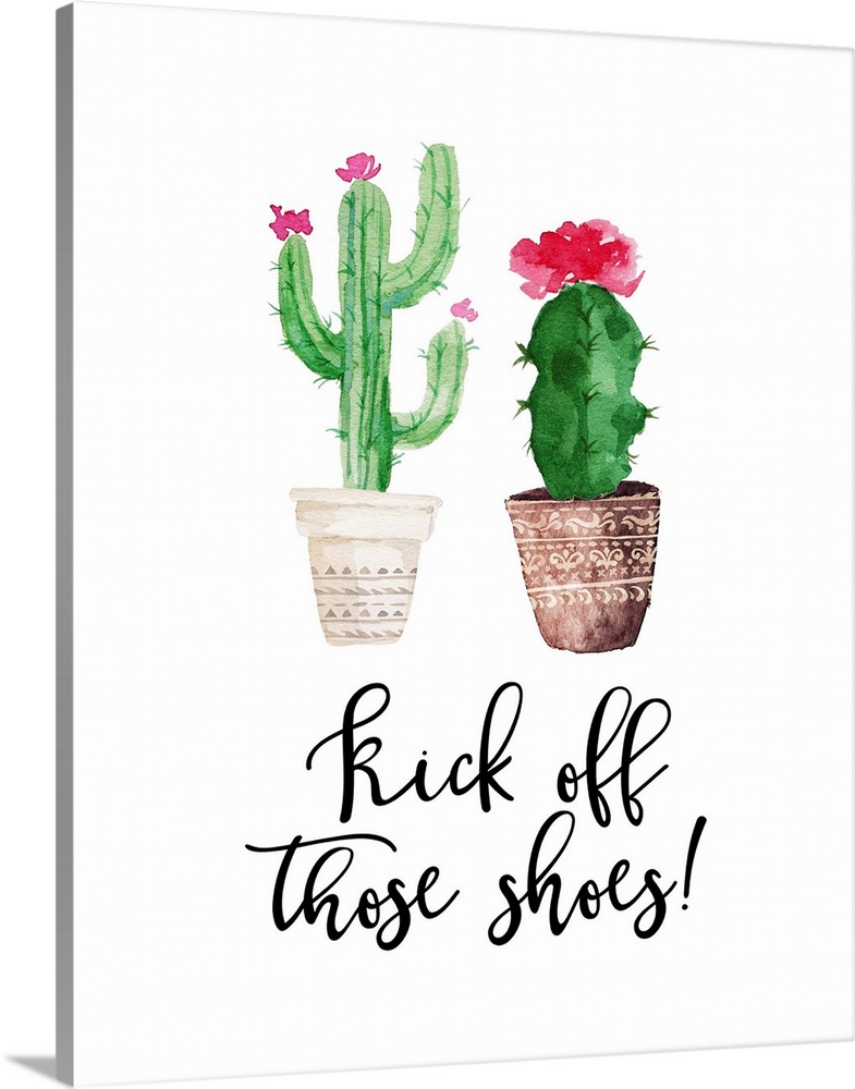 This decor features watercolor cactus plants with the words, "Kick off those shoes" underneath.