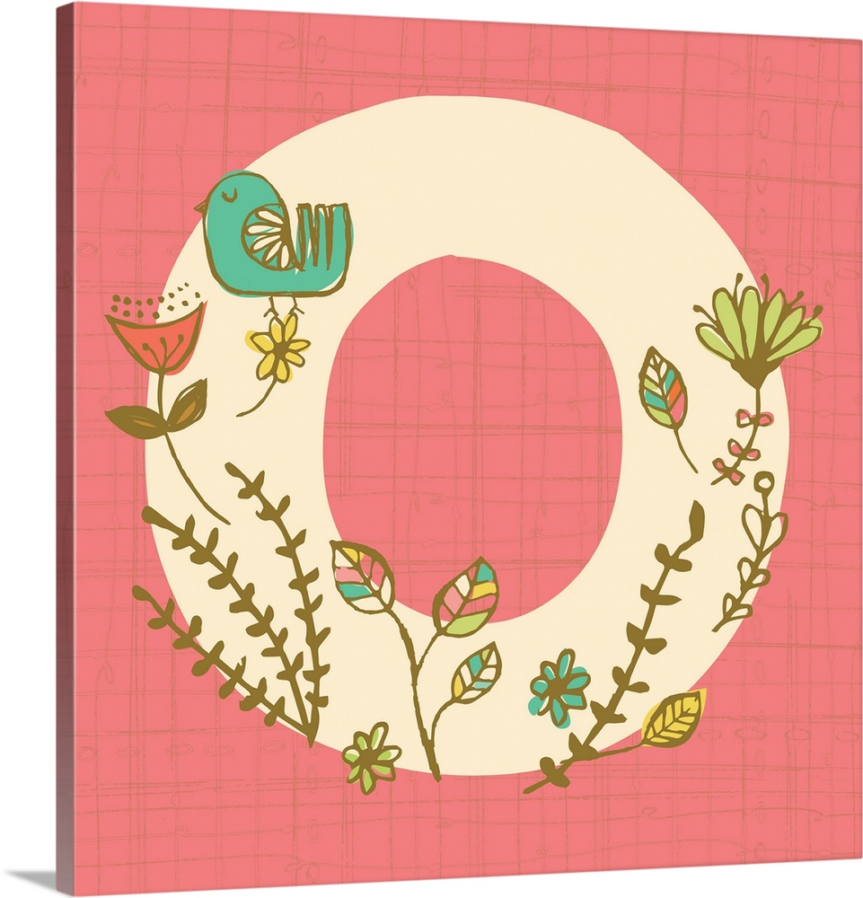 The letter O decorated with floral designs and a cute bird.