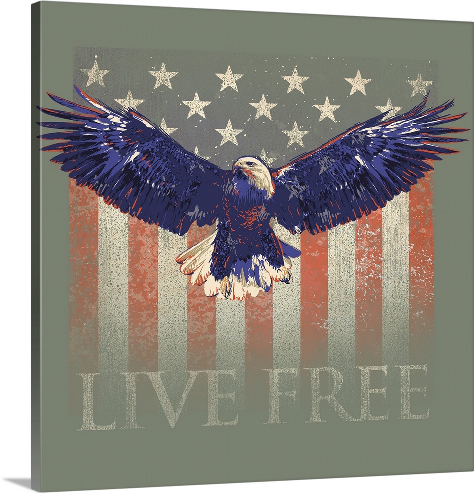 "LIVE FREE" with a bald eagle in flight and an American flag.