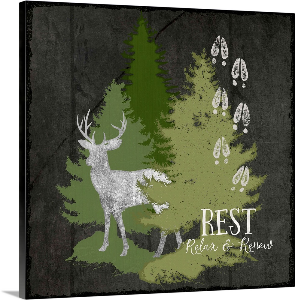 Cabin decor of a deer silhouette with hoof tracks and pine trees.