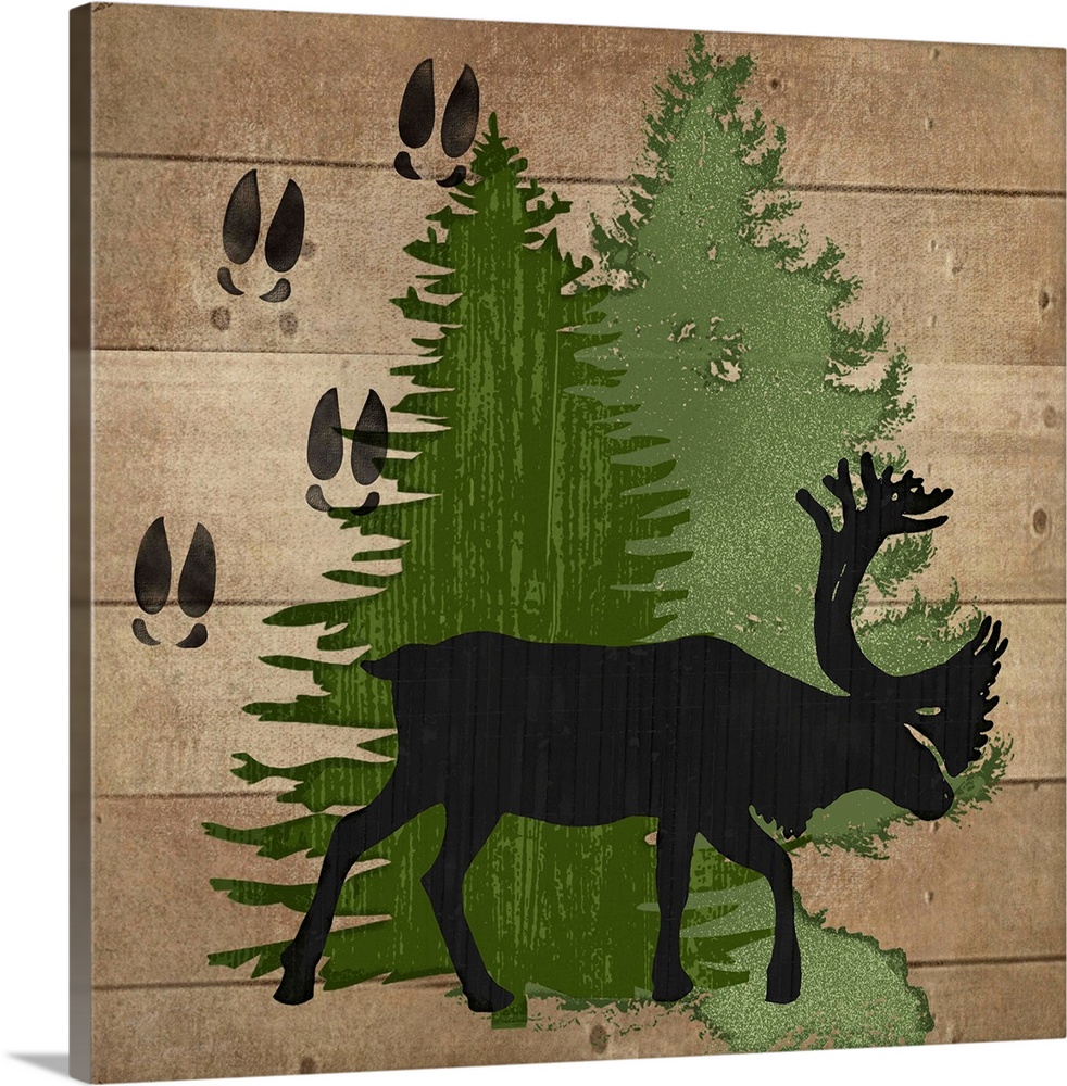 Cabin decor of a reindeer silhouette with hoof tracks and pine trees.