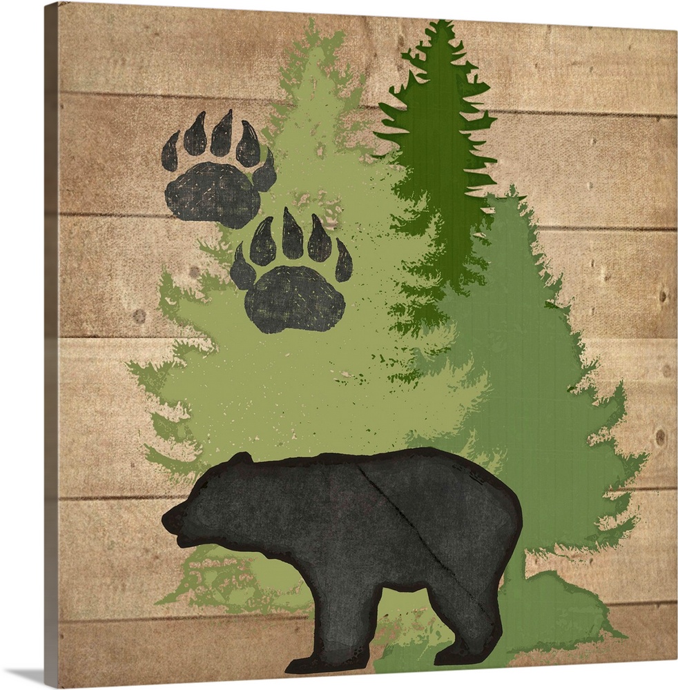 Cabin decor of a bear silhouette with paw prints and pine trees.