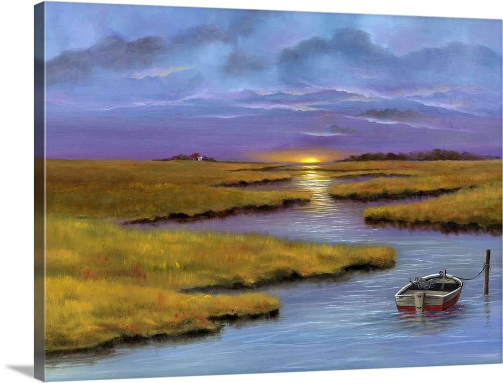 Contemporary artwork of a marsh landscape under a purple sunset sky.