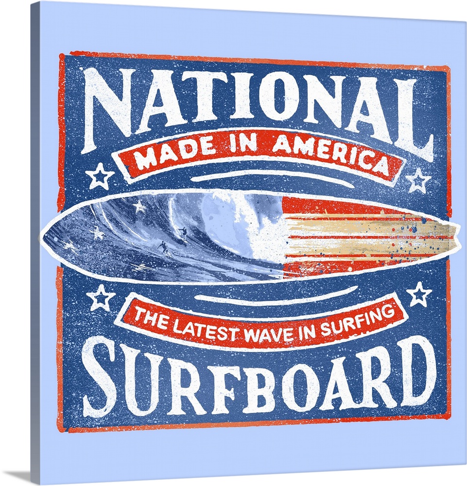 A digital illustration of a surfboard advertisement.