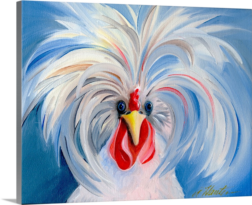 A humorous painting of a rooster with the feathers on top of his sprouting up and out so as to give him a crazy hair style.