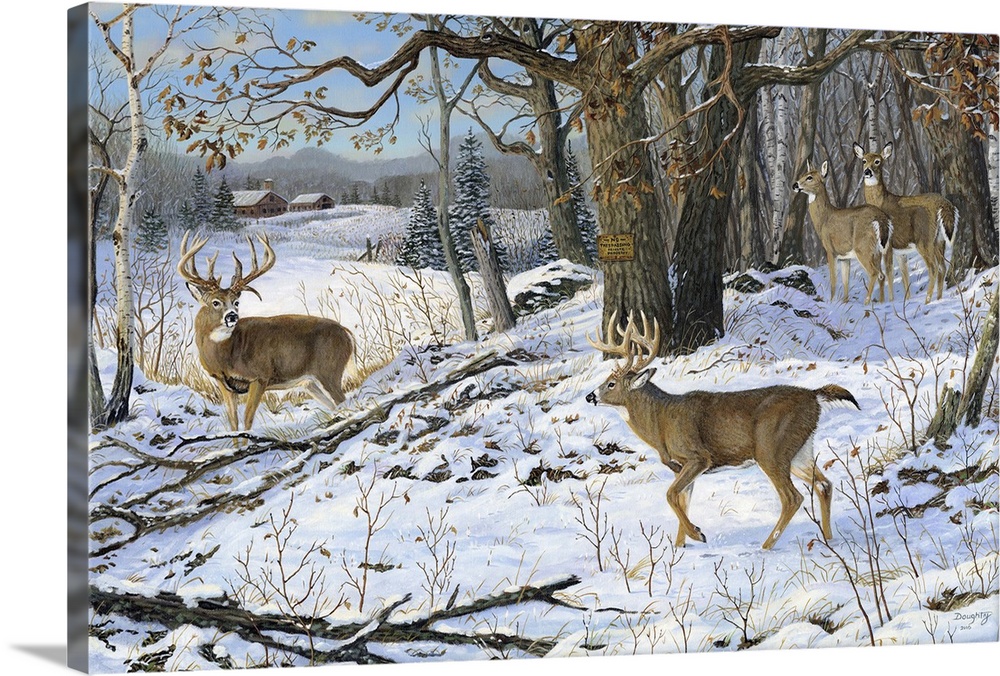 Contemporary artwork of a pair of deer walking in the snow in a forest.