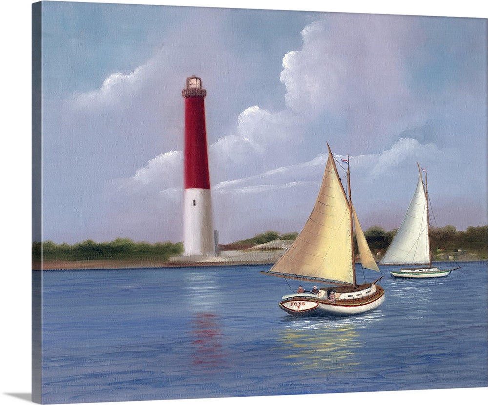 Painting of two sailboats on the water near a red and white lighthouse.