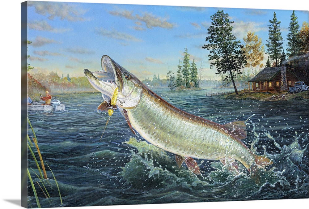 Painting of a fish leaping out of the water.