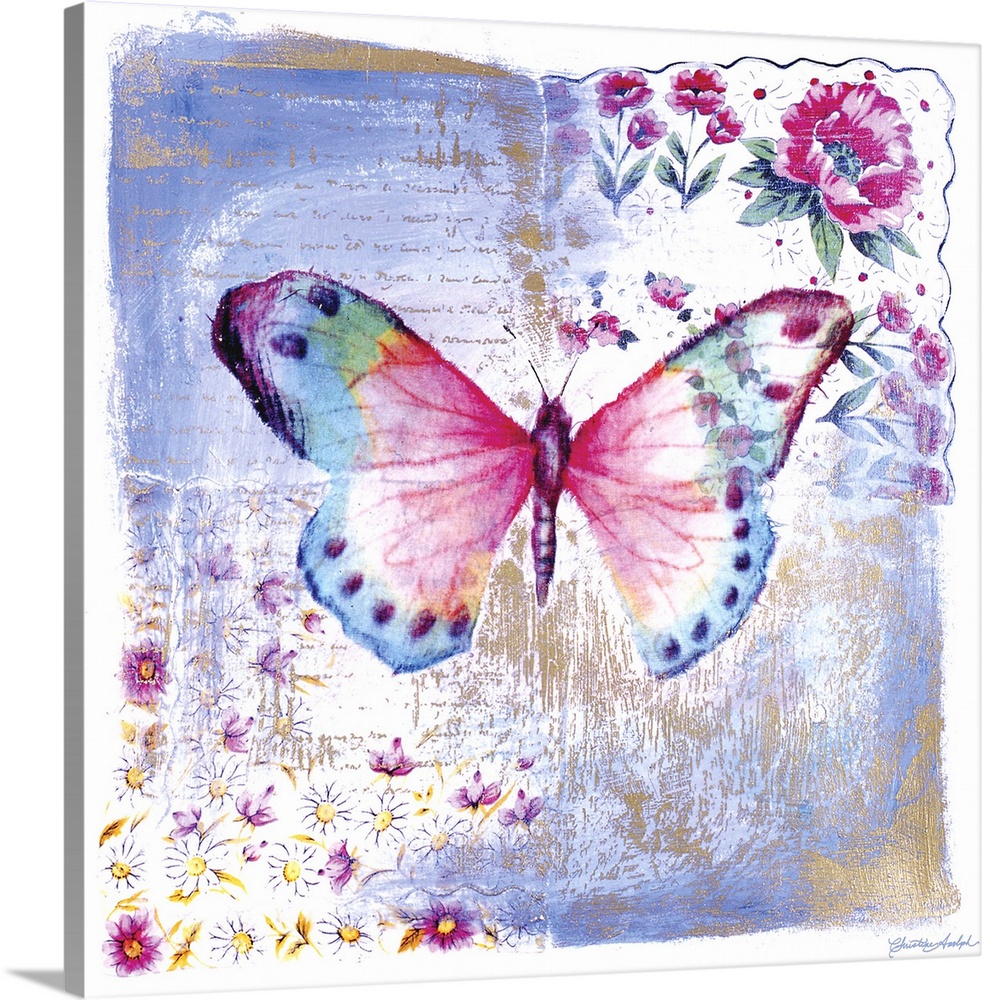 A watercolor painted butterfly takes up majority of this square piece with flowers delicately painted in two corners.