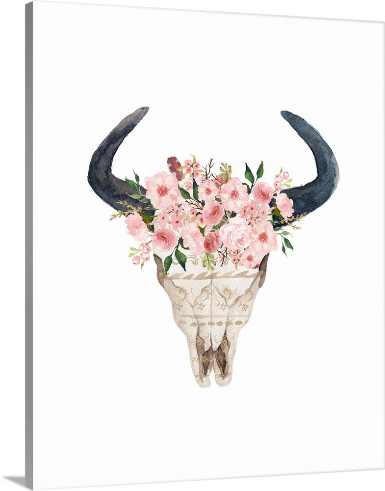 A watercolor painting of a bull skull with pink flowers.