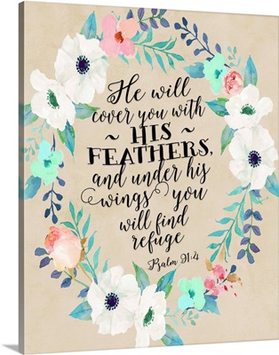 Psalm 91:4 Wreath Teal And Pink W- Beige Background