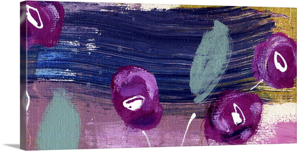 Contemporary vibrant colorful painting using purple and pink tones with flowers and abstract elements.