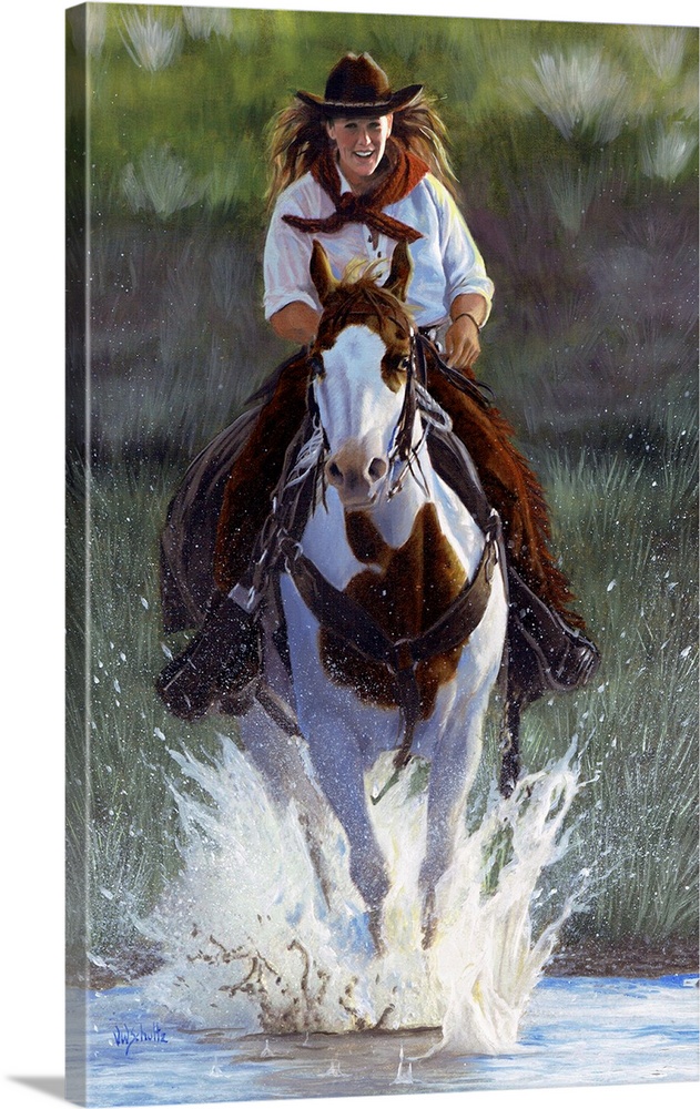 Painting of a cowgirl riding a paint horse through a shallow river.