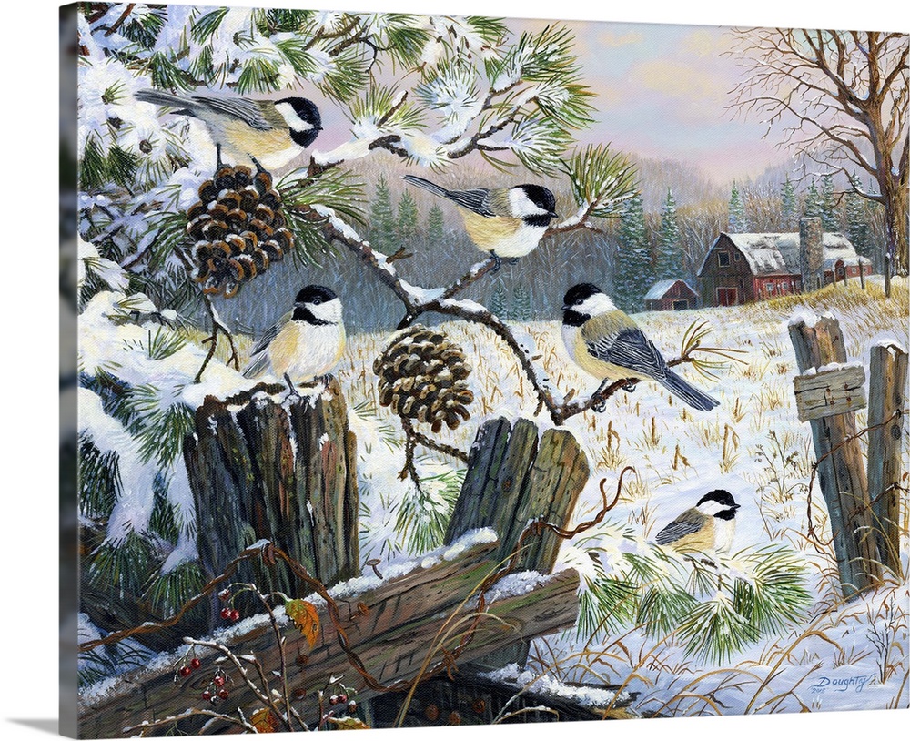 A group of chickadees playing on a branch near an old wooden fence in the winter.