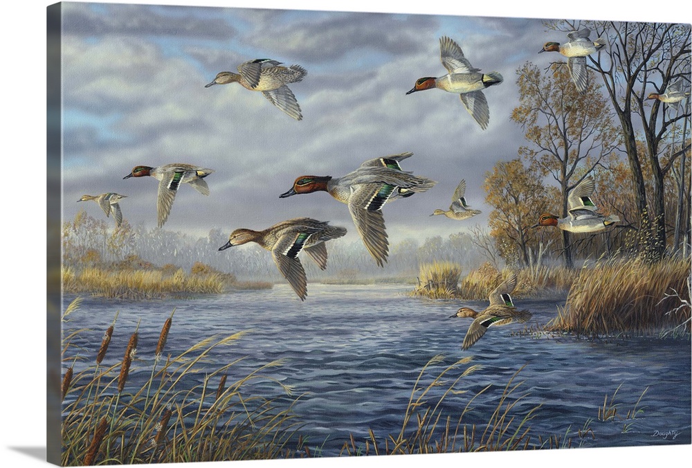 Contemporary artwork of a flock of green-winged teals in flight over a river.