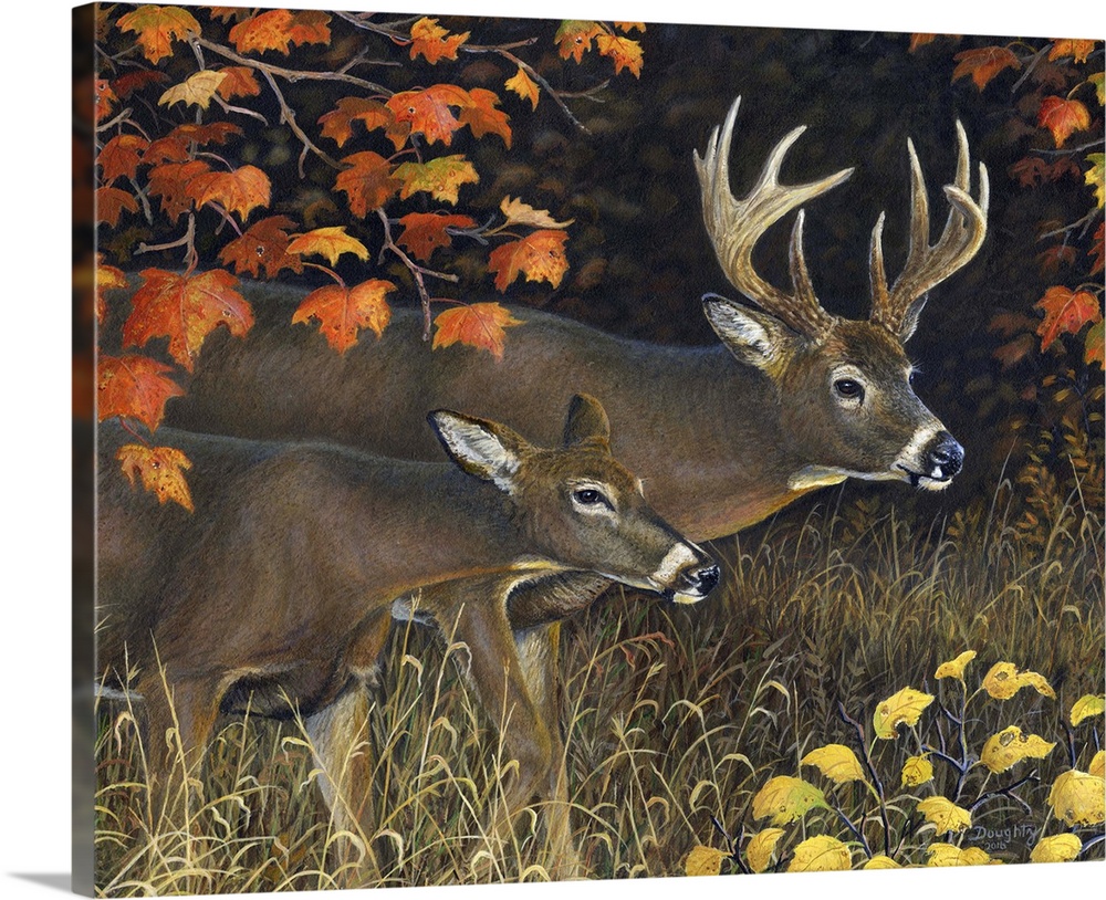 Contemporary artwork of a pair of deer with curious expressions, surrounded by autumn leaves.