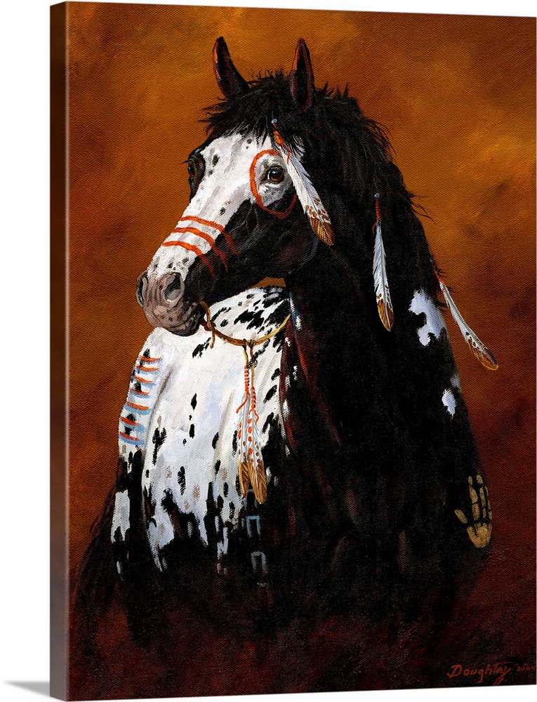 Large painting of a horse decorated with Native American war paint, feathers and handprints.