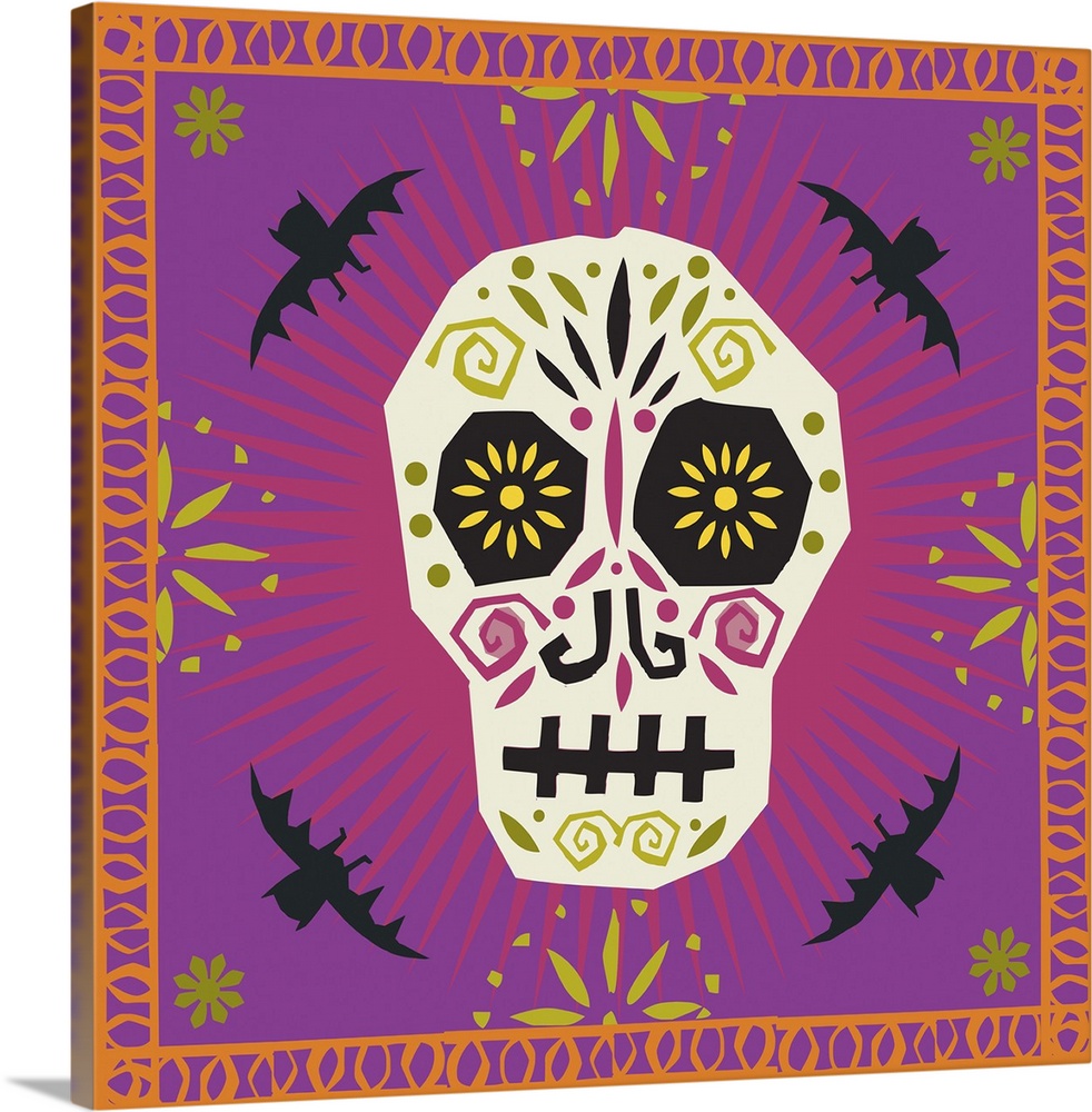 Decorated sugar skull surrounded by bats and a decorative border.