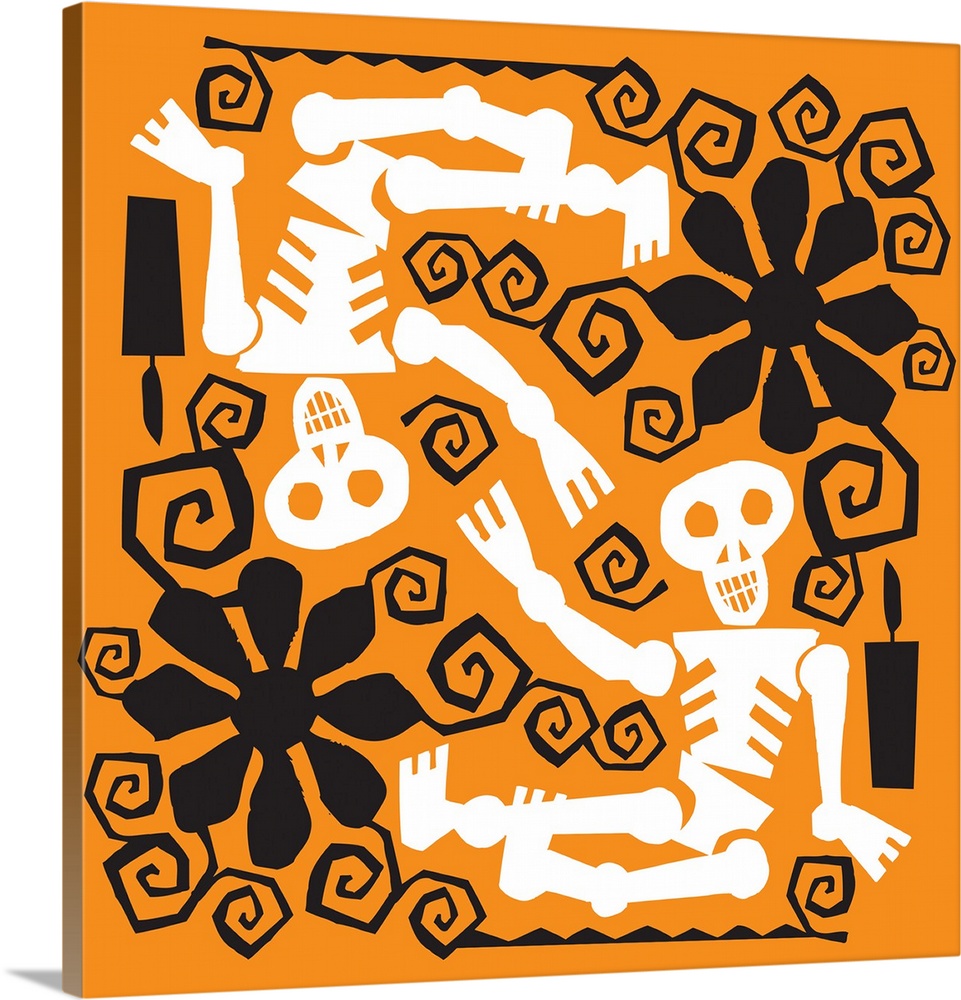 Two skeletons with black flower designs on orange.