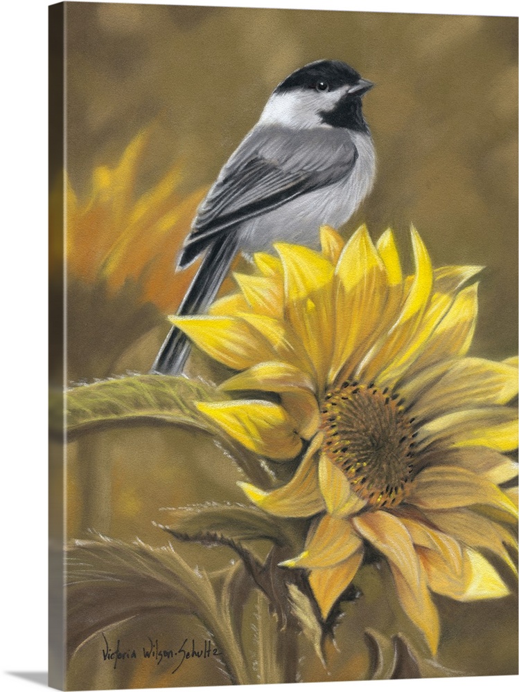Beautiful artwork perfect for the home that shows a bird sitting on the top of a sunflower.