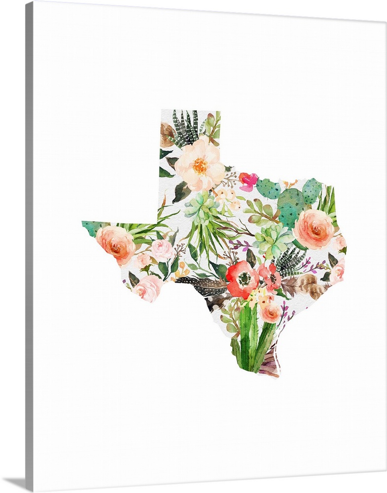 Watercolor flowers in warm colors with green foliage fill the state of Texas silhouette over a white background in this de...